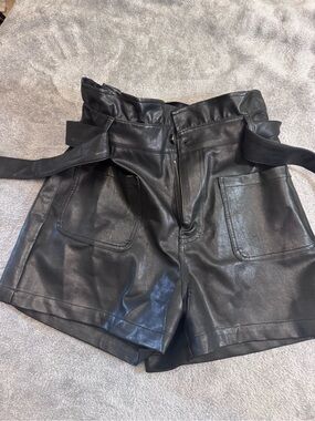 Alya Black High-Waist Faux Leather Paperbag Shorts with Belt